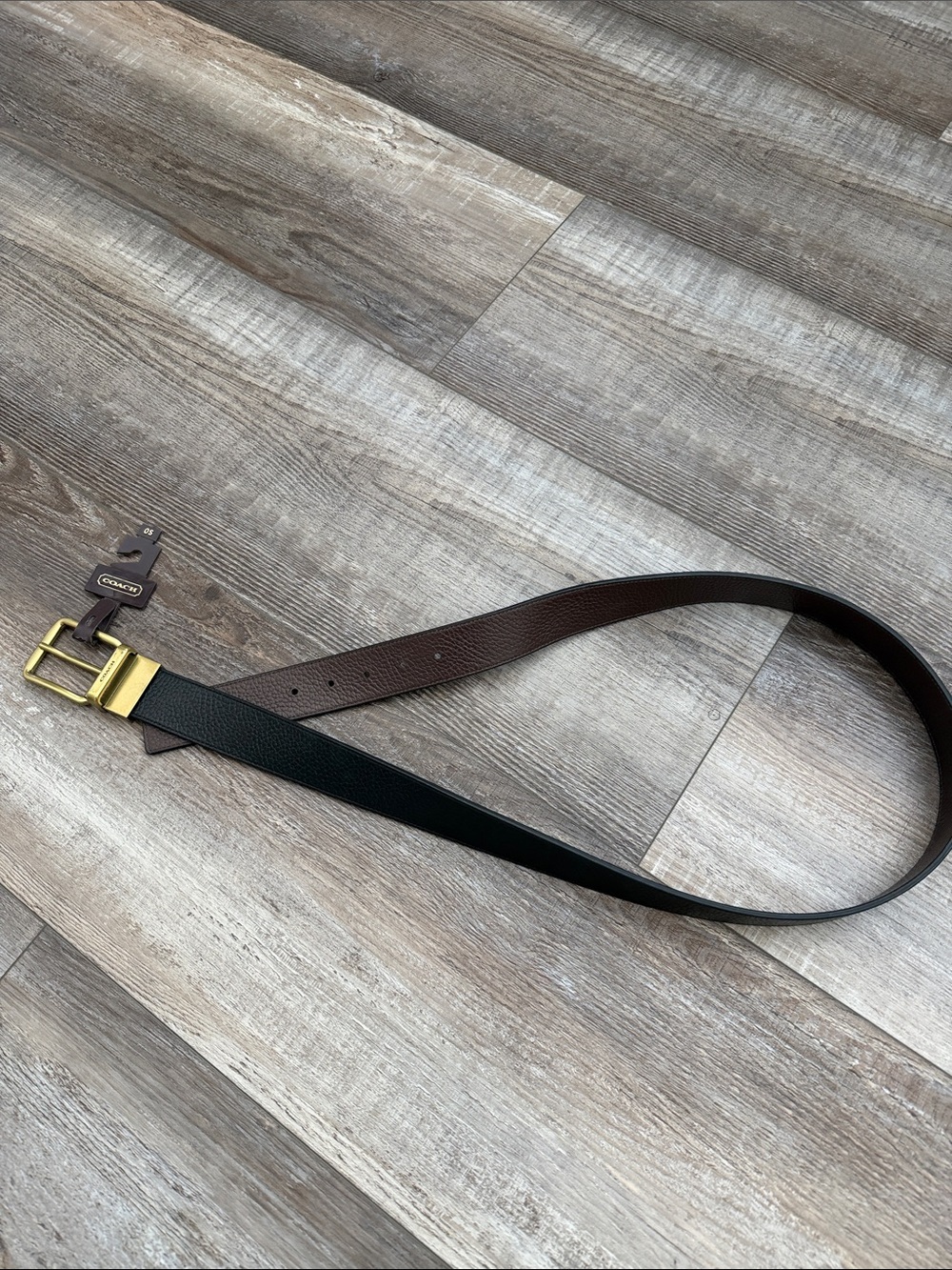 Reversible Black/Brown Leather Belt with Gold Buckle (OS) - Picture 2 of 2
